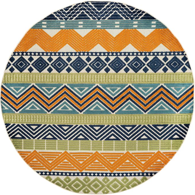 Rugshop Multi Marbella Boho Indoor/Outdoor Round Area Rug, Machine Washable for Patio, Deck and Seating Area 8' Round