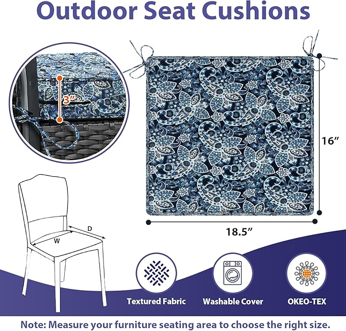 Outdoor Chair Cushions Set of 4,Waterproof Outdoor Seat Cushions for Patio Furniture,Patio Chair Cushion with Handle and Ties, Out Door Chair Pads,18.5" x 16" x 3", Green Paisley