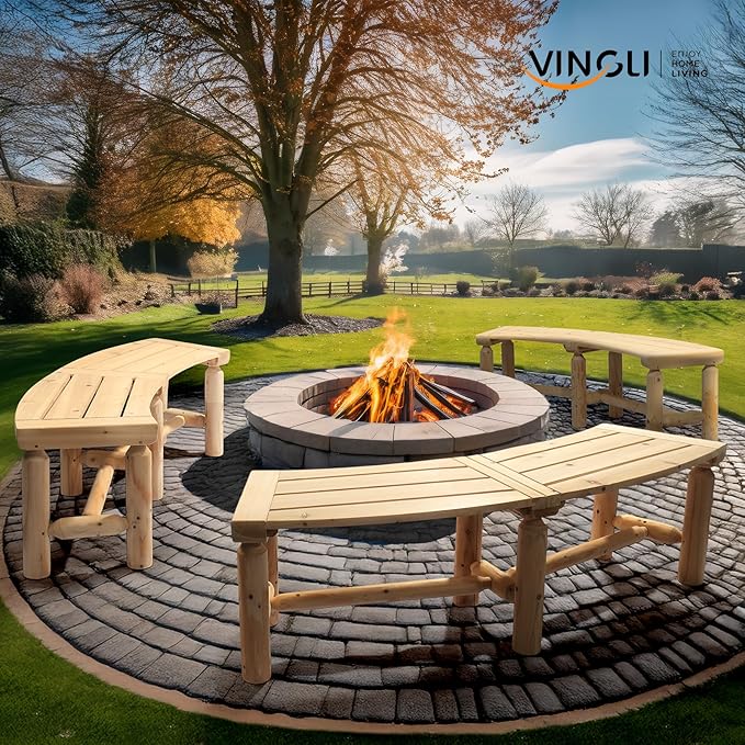 VINGLI Outdoor Bench Wooden Curved Bench, All-Weather Fire Pit Backless Patio Bench, 2-Person Seating Rustic Garden Bench for Backyard Porch Deck Entryway (Natural)
