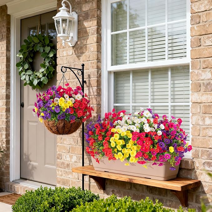 Artificial Flowers for Outdoors, 12 Bundles Fake Plastic Petunias Flower Plant, Faux UV Resistant Silk Morning Glory for Outside Planter Garden Front Porch Door Spring Summer Decor