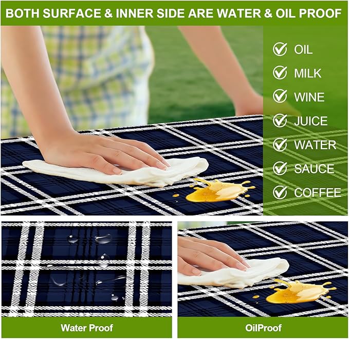 Picnic Table Cover with Bench Covers Set of 3 - Classic Checkered Navy Blue Plaid Tablecloth, Elastic Fitted for 6 Ft Tables, Washable Polyester Cover for Camping, Indoor & Outdoor