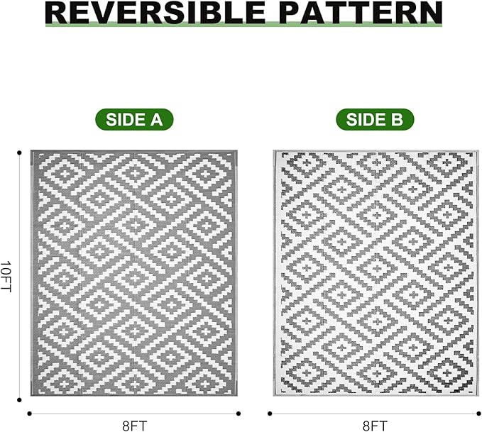 RURALITY Outdoor Rugs 8x10 Feet for Patios Clearance,Plastic Straw Waterproof Mats for Backyard,Porch,Deck,Balcony,Grey&White