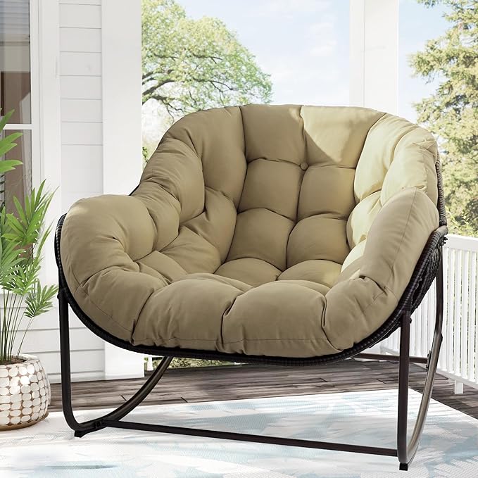 Papasan Rocking Chair, Oversized Papasan Chair with Cushion and Frame for Indoor& Outdoor, Deep Seat Egg-Shaped Rocker Chair for Garden, Deck, Living Room, Beige