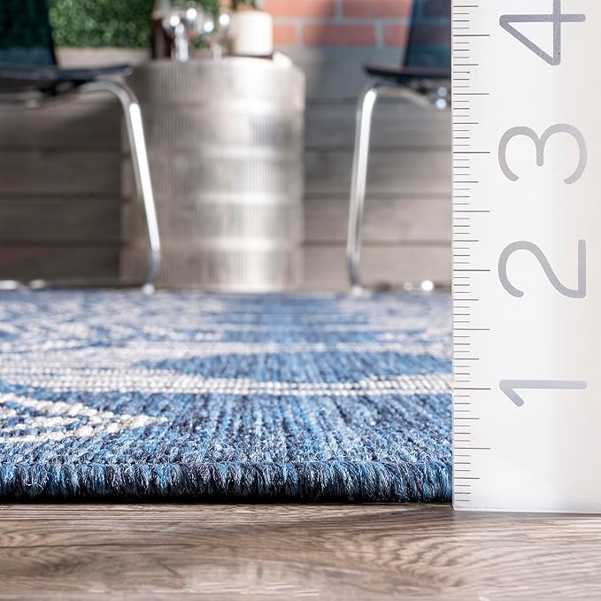 nuLOOM 9'6" x 12' Outdoor Tribal Geometric Area Rug, Stain Resistant, Weather Resistant, High Traffic, Patio, Balcony, Outside, Ranya Blue