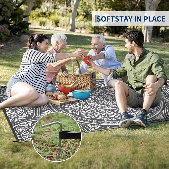 Waterproof Plastic Straw Outdoor Rug 9x18 Patio Reversible UV Resistant Foldable Camping Carpet Boho Floral Large Outdoor Rugs for Deck, Picnic, Porch, Camper, Balcony, Beach，Grey/White