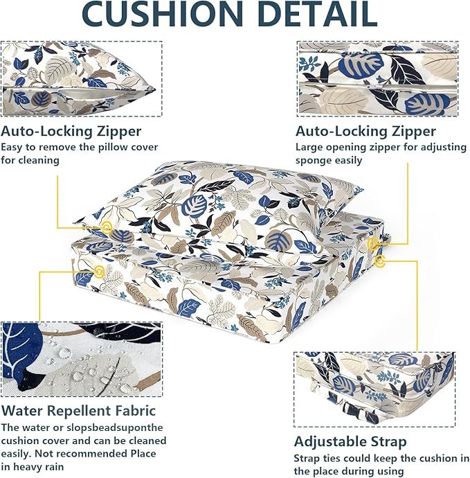 Outdoor Deep Seat Cushion Set, Water Repellent 24"x24" Patio Thick Cushions Replacement with Seat & Back Pillow for Patio Sofa, Wicker Chair, Couch - Breeze Leaves Beige