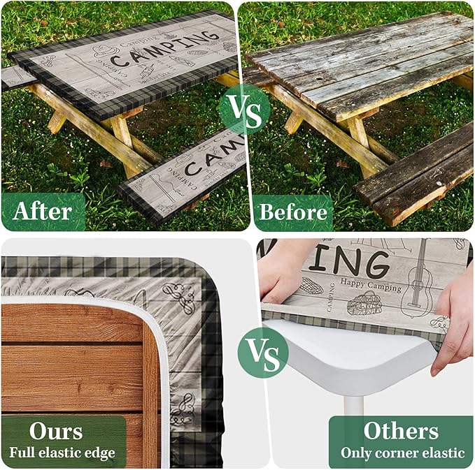 Picnic Table Cover with Bench Covers Elastic Edges, Brown Camper Fitted Table Cover, Outdoor Patio Camping Essentials 72 Inch 3PCS, Waterproof Camping Fitted Tablecloth with Drawstring Bag