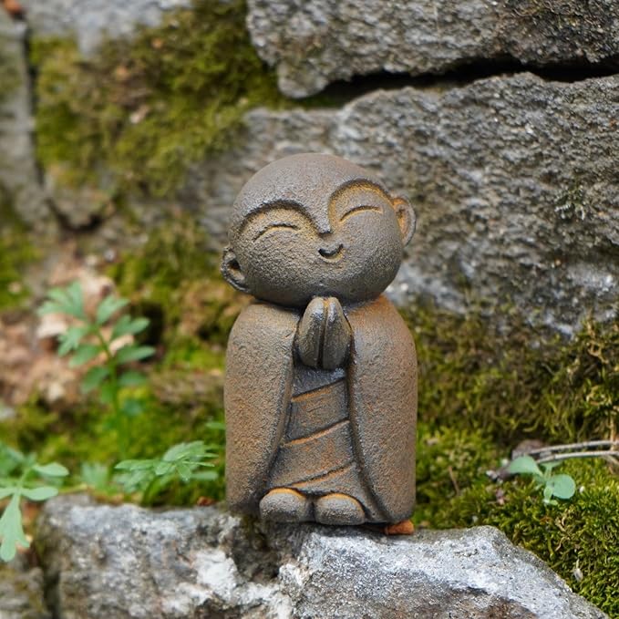 OwMell Japanese Jizo Monk Statue, Buddha Jizo Figurine Memorial Aquarium Statue Ornament - Tilt Smile Iron