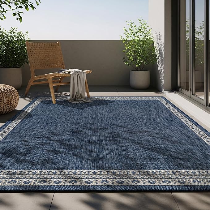 Washable Outdoor Rug 6x9 Modern Area Rugs Outdoor Carpets Bordered Pattern Non Shedding Waterproof Easy Clean Patio Deck Porch Living Room Bedroom Garden RV (6 X 9 Blue)