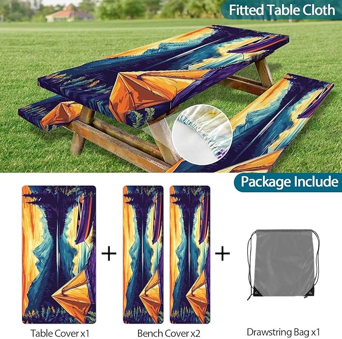 3PCS Picnic Table Cover with Bench Cover Forest Landscape Boat Tent Pattern Camping Tablecloth Fitted Picnic Table Cover with Elastic Windproof Waterproof, Outdoor & Garden Camping Accessories 60IN