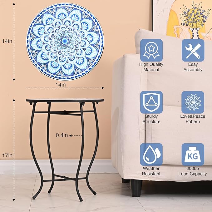 Patio Side Tables, 14" Indoor Outdoor Metal Side Table for Poolside Bistro Balcony Yard Porch Bedside, Weather Resistant Metal Accent Table for Indoor Outdoor Use, Easy Assembly