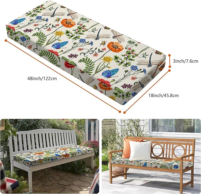 All Smiles Outdoor Bench Cushion 48 x 18 Inch Waterproof Patio Furniture Garden Flowers Farmhouse Decorative Cushions for Chair Chair Yard Garden Deck