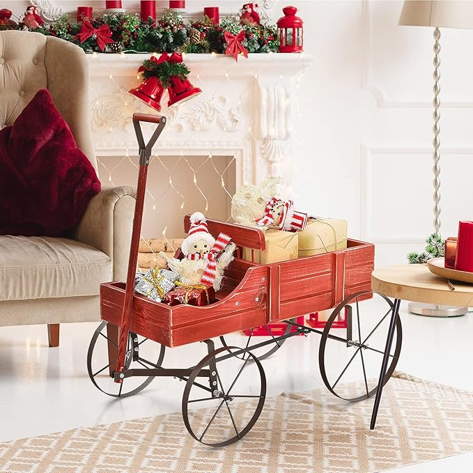 Wooden Wagon Planter, Decorative Garden Wheelbarrow Planter with 2 Planting Sections, Rolling Wheels, Adjustable Handle, Small Wagon Cart Planter Stand for Flowers Vegetables Herbs (Red)