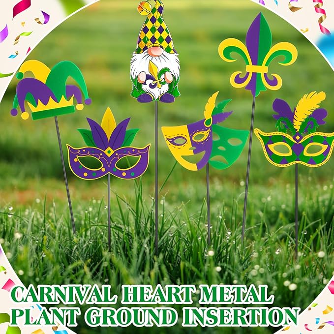 Pickmesh 6 Pcs 12" H Mardi Gras Metal Yard Sign Metal Yard Sign Barn Garden Stake for Mardi Gras Planter Pot Walkway Pathway Outdoor Decor Lawn Decoration