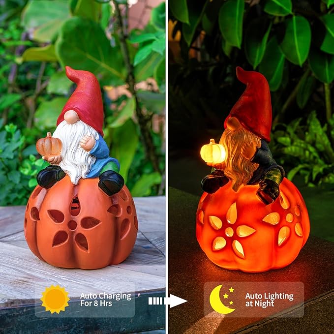Solar Pumpkin Gnome Garden Statues Halloween Thanksgiving Outdoor Gnome with LED Lights Decorations for Yard Patio Lawn Porch Birthday Christmas Gardening Gifts for Mom Women