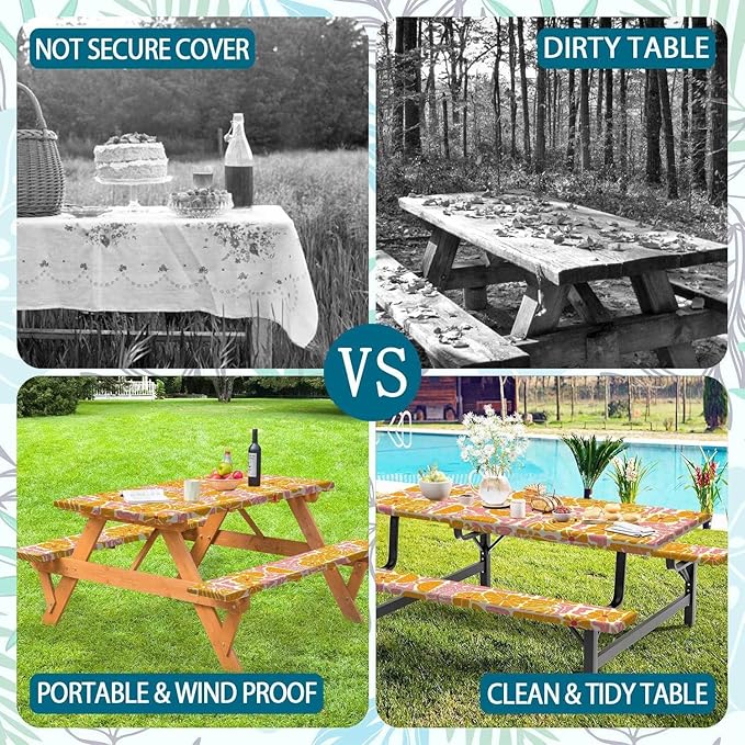 Picnic Table Covers with Bench Covers Boho Patchwork Orange Pink Flower Pattern Camping Tablecloth Fitted Picnic Table Cover with Elastic Windproof Waterproof, Camping Accessories Outdoor, 72In 3PCS