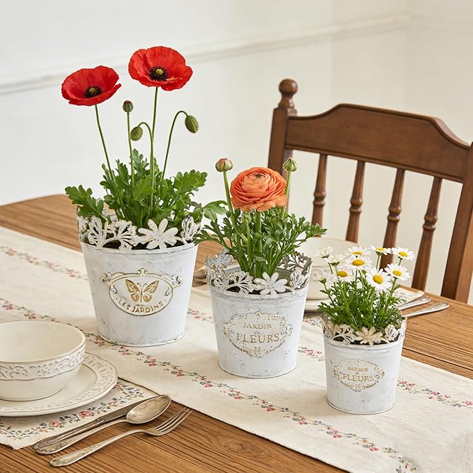 Set of 3 Vintage French Country Planters, Distressed White Metal Flower Pots with Lace Cutout Rim, Le Jardin Embossed Plant Pots for Succulents, Herbs, Indoor Outdoor Home Garden Decor
