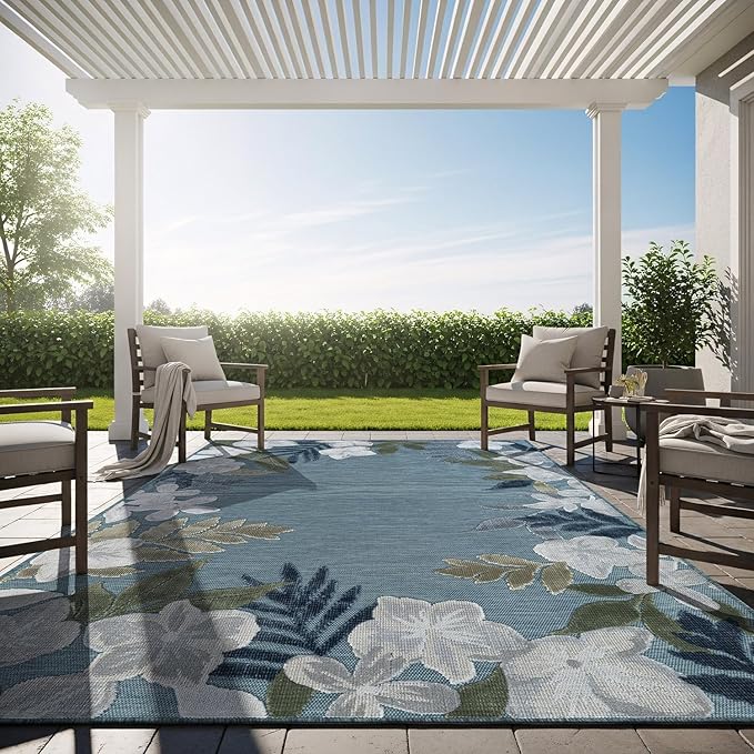 Outdoor Rug 6x9 Washable Area Rugs Indoor Outdoor Carpets Aqua Border Floral Non Shedding Waterproof Easy Clean Patio Deck Porch Living Room Bedroom Garden RV (6 X 9 Aqua)