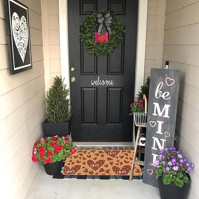 Valentines Welcome Mats for Front Door, Indoor, Outdoor Entrance, Red Love Decor Seasonal Anniversary Wedding Faux-Coir Porch Thin Doormat, Non-Slip Heart-Rug 17"x30" Low-Profile Dirt-Trapping Mat