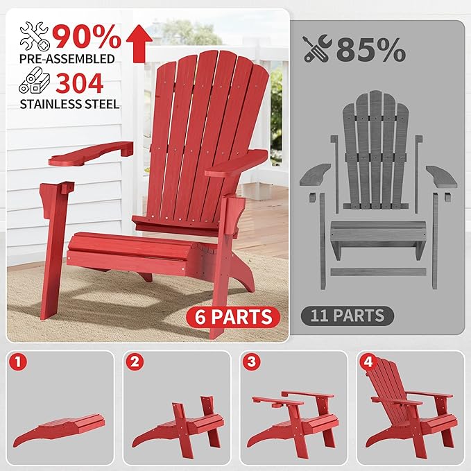 Psilvam Adirondack Chair, Oversized Poly Lumber Fire Pit Chair with Cup Holder, 350Lbs Support Patio Chairs for Garden, Weather Resistant Adirondack Chair Looks Like Real Wood (4, Red)