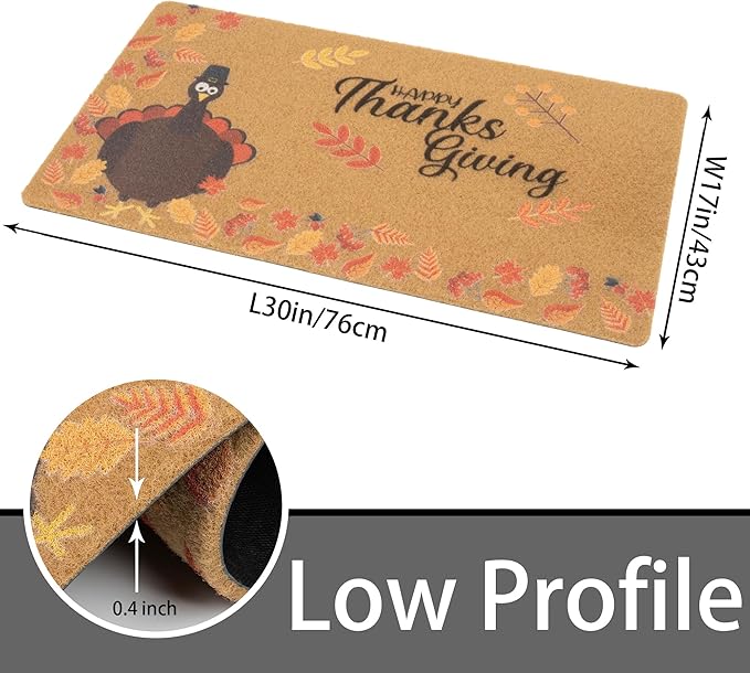 Thanksgiving Doormat Turkey Maple-Leaf for Front Door Indoor Outdoor Entrance Porch, Faux-Coir Non-Slip Dirt-Trapping Fall Decor Door Mat 17"x30"