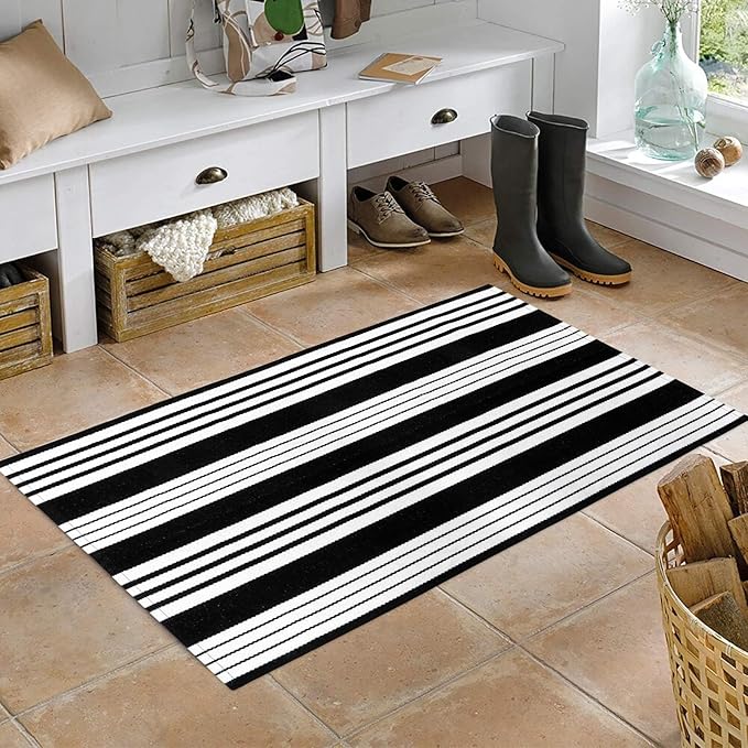 OJIA Black and White Striped Outdoor Rug 24''x51'' Washable Front Door Mat Outdoor Entry Rug Doormat Outside Door Mat Cotton Woven Indoor Area Rugs for Porch/Entryway/Entrance Decor