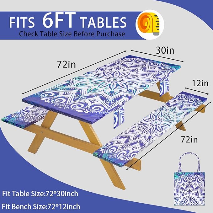Fitted Waterproof Picnic Table Cover with Bench Covers Elastic Stain Resistant Camping Table clothes for 6Feet Rectangle Tables Outside Parties Necessities Gift Travel Trailers Trips Rv Things