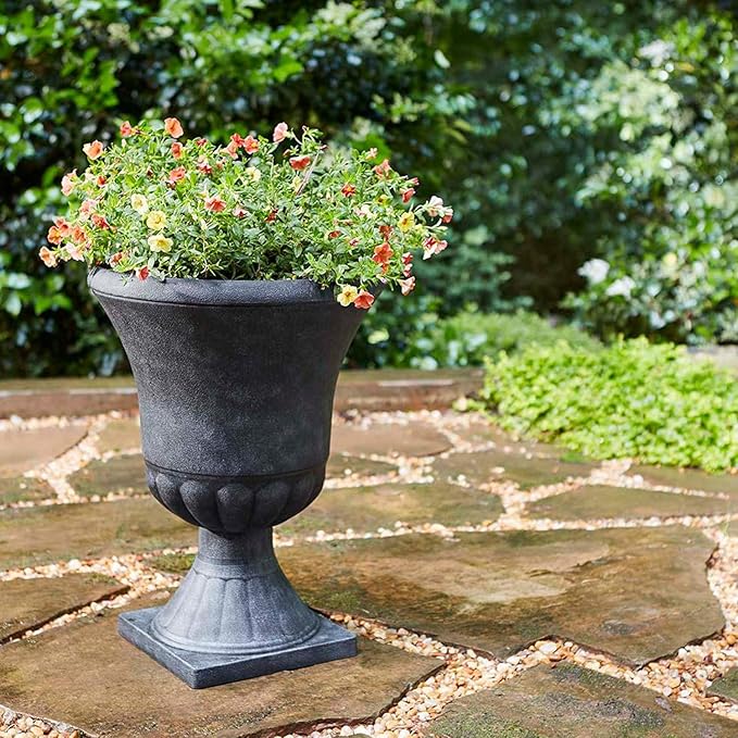 Southern Patio Winston 16 Inch x 21 Inch Urn Plastic Decorative Outdoor Planter Pot for Porch, Patio, or Garden with Removable Base, Matte Black