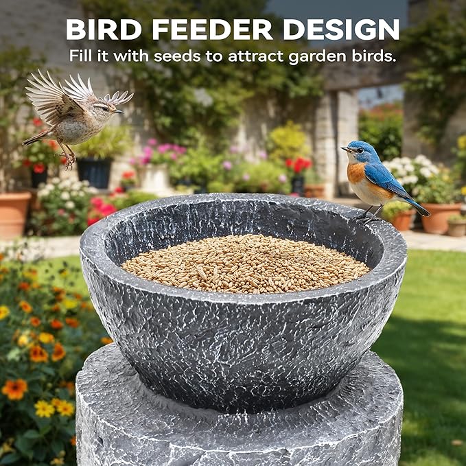 40" Tall Outdoor Water Fountain, Dual-Layer Column Garden Fountain with Bird Feeder, Resin Soothing Cascading Waterfall Foutain for Patio, Backyard, Garden or Porch Decor