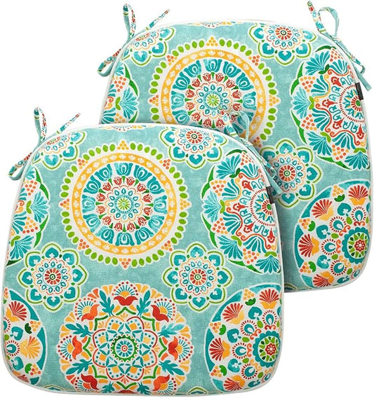 FUNHOME Outdoor Chair Cushions Set of 2, Water-Repellent Patio Seat Cushions D16xW17 Inch, Round Corner Patio Chair Pads with Tie, Seat Cushions for Furniture Garden Office Decoration, Cyan Circle
