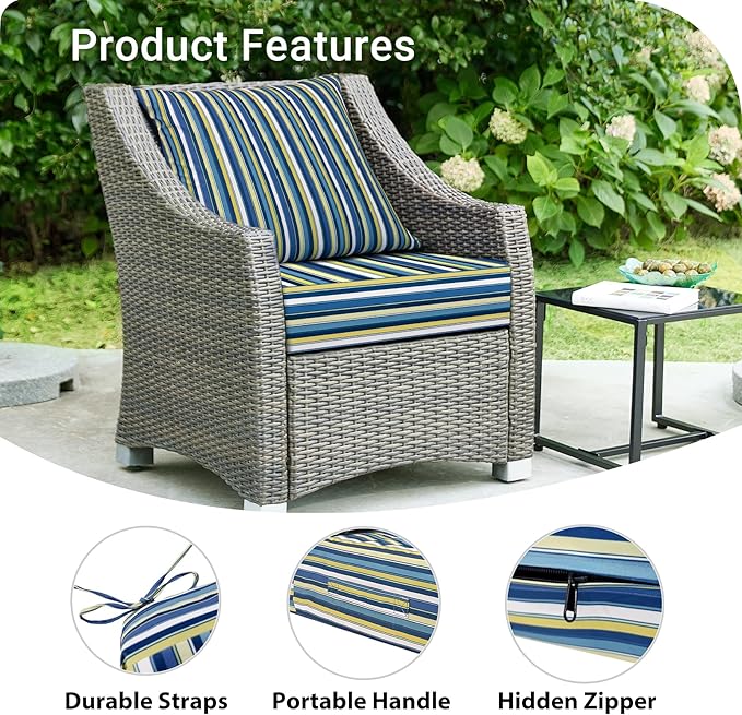Outdoor Cushions for Patio Furniture,Outdoor Seat Cushion Set 24 x 24 x 5.75 Inch,Waterproof & Fade Resistant Outdoor Chair Cushions,Deep Patio Chair Cushion with Removable Cover,Blue Stripe