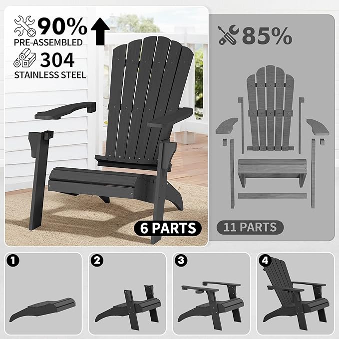 Psilvam Adirondack Chair, Oversized Poly Lumber Fire Pit Chair with Cup Holder, 350Lbs Support Patio Chairs for Garden, Weather Resistant Outdoors Seating, Relaxing Gift for Father & Mother (4, Black)
