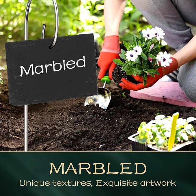 10-Pack Marble Rectangle Garden Markers,Weatherproof Metal Plant Labels Large Planting Seedling Stake Signs, for Seedlings Herbs Vegetable Greenhouse Gifts with White Marker Pen Labels