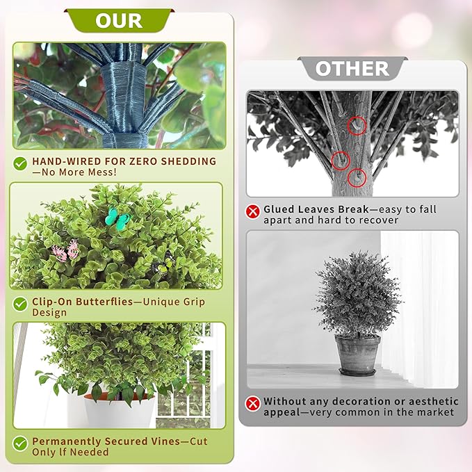 Artificial Topiary Tree with Eucalyptus, Set of 2 UV Resistant Fake Evergreen Shrubs with Ground Spike for Porch, Artificial Plants for Outdoor Indoor Garden Planters, Lifelike Decor