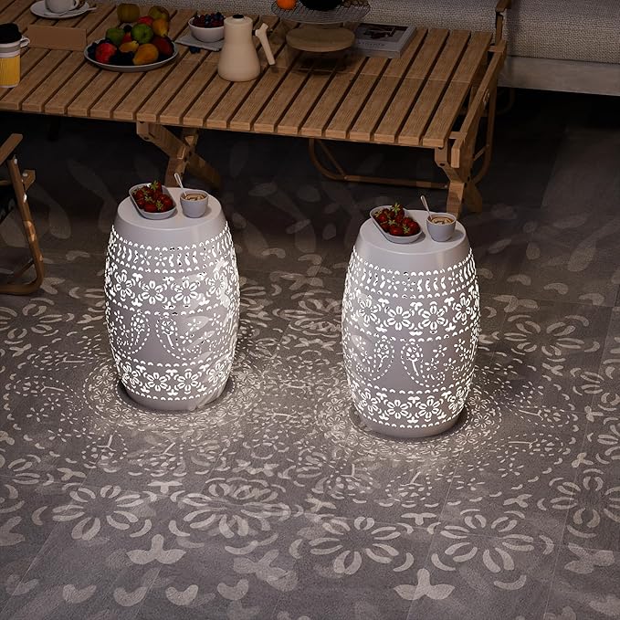 Outdoor Accent Iron Side Table,9.4" Steel Patio End Table, Round Hollow Drum Patio Garden Stool,Round,Iron Decorative Garden Stool,for Indoor and Outdoor,White