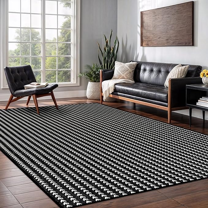 Washable Outdoor Rug 9x12 Modern Area Rugs Outdoor Carpets Striped Pattern Non Shedding Waterproof Easy Clean Patio Deck Porch Living Room Bedroom Garden RV (9 X 12 Black)