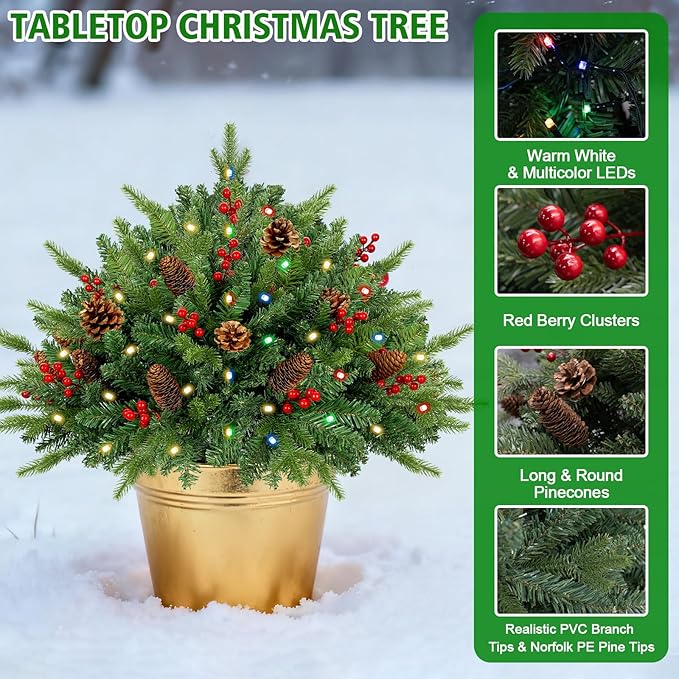 2 Pack 24 Inch Christmas Urn Filler, Dual Color Change & Timer Christmas Tree with Pinecones Red Berries Tripod Stake Battery Operated 8 Mode for Porch Outdoor Xmas Trees Christmas Decorations