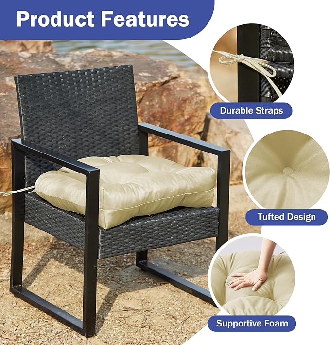 Outdoor Chair Cushions Set of 2, Patio Chair Cushions with Ties, 17x17+4” Tufted Outdoor Seat Cushions, Waterproof Patio Furniture Cushions, Outdoor Dining Chair Pads, Beige (Pack of 2)