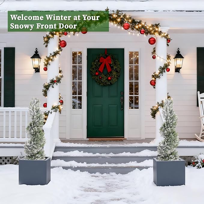 THE BLOOM TIMES 3ft Snow-Flocked Spiral Artificial Topiary Trees Set of 2, 36 inch Faux Cedar Trees for Front Porch Christmas Planter Decor, Fake Plants for Indoor or Covered Outside Display 3 Foot