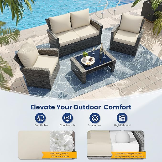 UDPATIO Outdoor Cushions for Patio Furniture, 4 Seat Replacement Cushions for Outdoor Furniture, Water-Resistant Outdoor Sectional Cushions for Sofa Couch Chair, Cream
