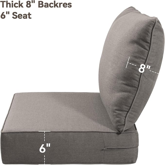 6" Thick Outdoor Cushions 24x24x6, 1-Set Deep Seat Patio Cushions with Removable Cover, Waterproof & Fade Resistant Replacement for Wicker Chair, Loveseat, Sofa - Grey