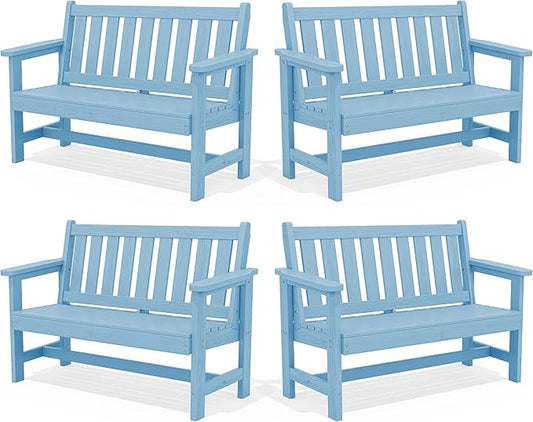 SERWALL Outdoor Bench, HDPE Outdoor Benches Weatherproof, 2-Person Garden Bench with 660 lbs Weight Capacity, Patio Benches for Outdoors, Garden, Porch, Backyard and Park, Light Blue, 4 Pack