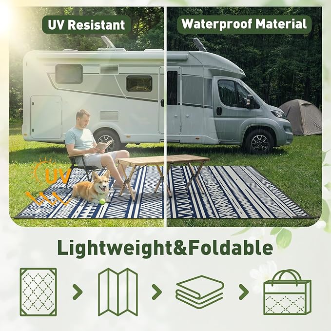 MontVoo Outdoor Rug Carpet Waterproof 6x9 Outdoor Patio Rug Mat Reverisble Plastic Straw Outdoor Rug for RV Camping Picnic Beach Balcony Boho Navy Blue