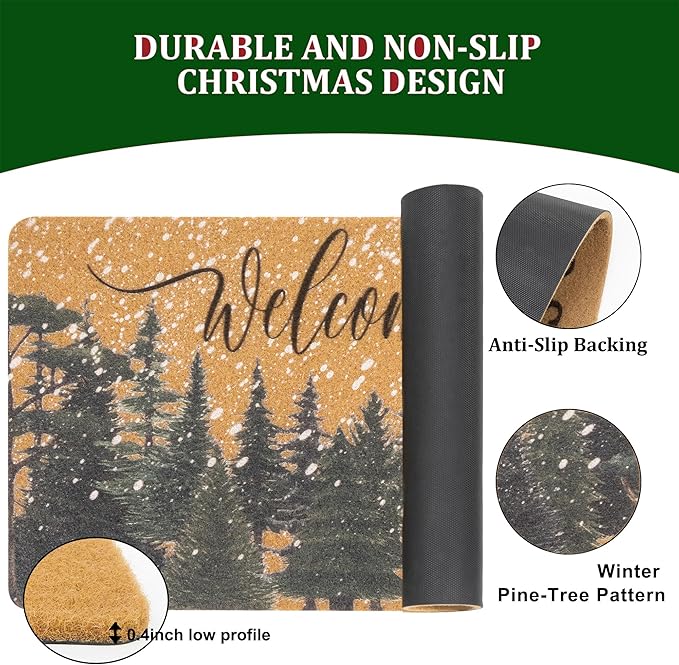 Winter Chirstmas Welcome-Doormat Outdoor-Entrance Pine-Trees Front-Door-Mat, Faux-Coir Seasonal Entryway-Rug Non-Slip Dirt-Trapping Indoor-Outside Porch Mat 17"x30" for Home Decor