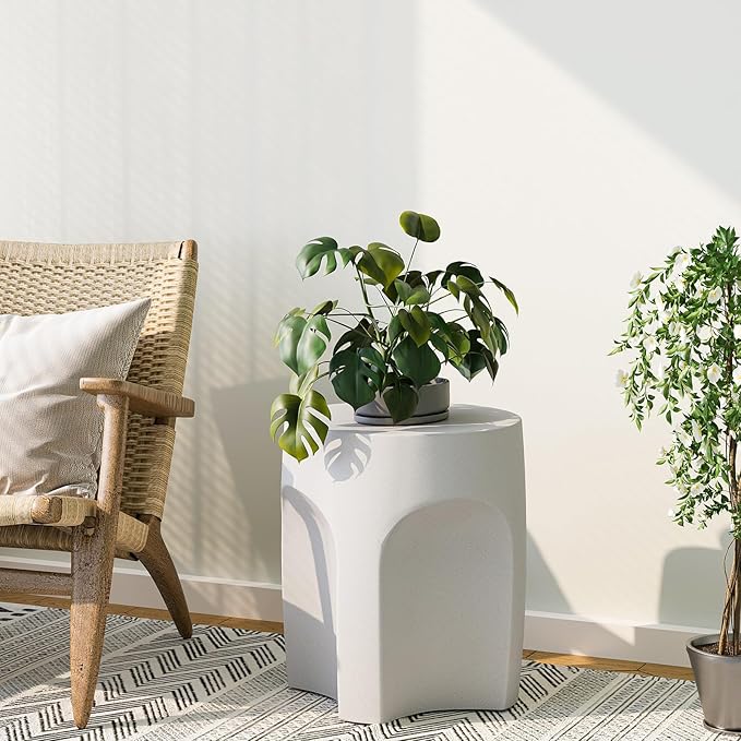 SUNBURY Outdoor Side Tables Set of 2, Concrete Accent End Table, Indoor Small Round Patio End Plant Stands Outside, Garden Stools for Yard, Arch Shape Spotted White