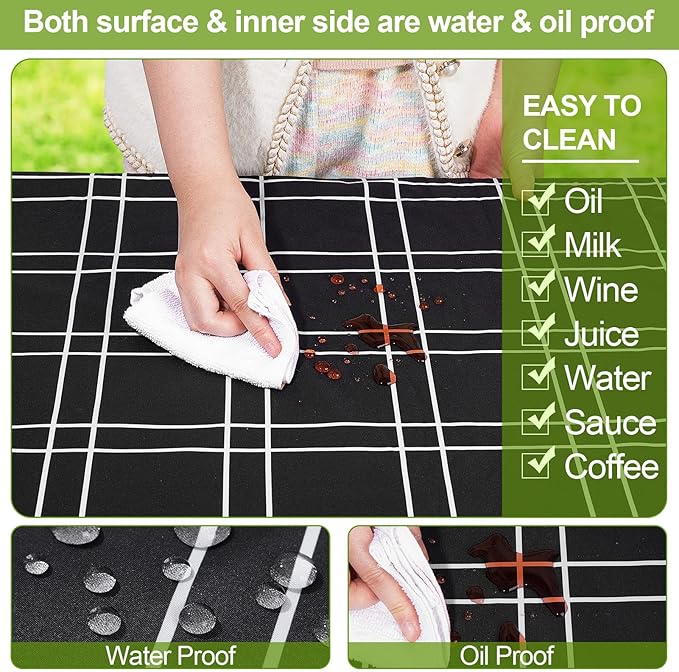 Picnic Table Cover with Bench Covers Camping Essentials Waterproof Windproof Camping Tablecloth with Drawstring Bag, Fitted Rectangle Tables and Seats, 60in, Black Checkered