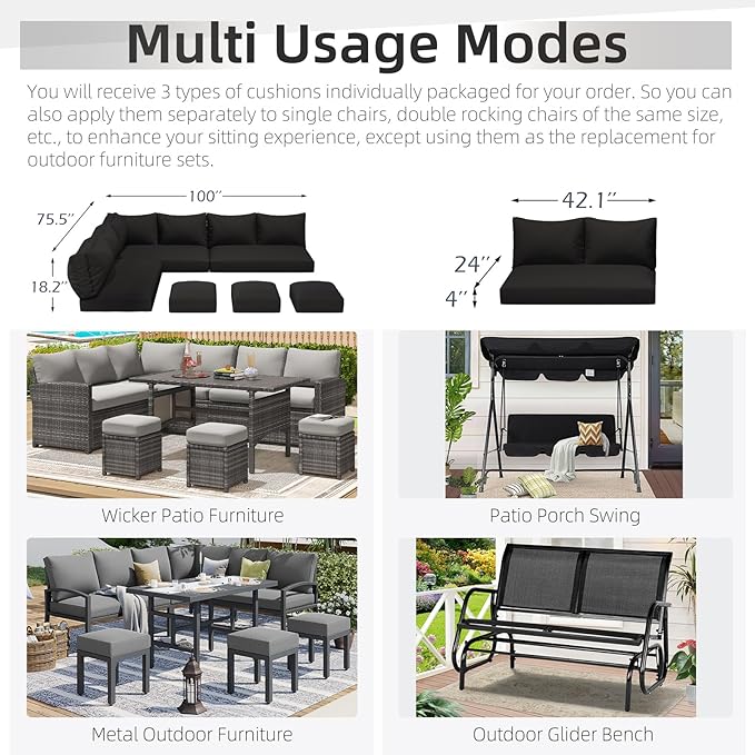 U-MAX Outdoor Cushions for Patio Furniture, Memory Foam Patio Replacement for Outdoor Furniture, Fits 7-Seats Sectional Rattan Conversation Set, Black