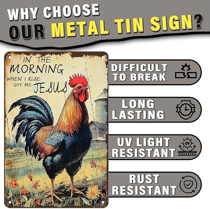 PEACHGARDEN Rooster Decor Chicken Coop Metal Sign Rooster Crowing - In The Morning When I Rise Give Me - Farmhouse Wall Art Decor for Garden Kitchen Yard Farm 8X12inch