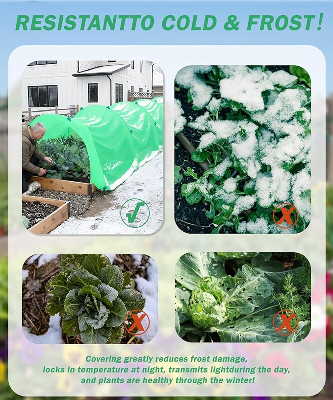 10ft x 33ft Plant Frost Protection Cover, 1.3 oz/yd² Reusable Freeze Blanket with 36 Hoops & 12 Stakes, Garden Greenhouse Tunnel for Winter Snow, Frost & Pest Protection on Outdoor Raised Beds