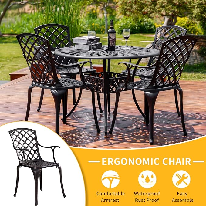 2 Piece Cast Aluminum Patio Chairs, All-Weather Bistro Chairs Set of 2, Outdoor Metal Dining Chairs with Armrests for Outside Garden, Deck, Bronze